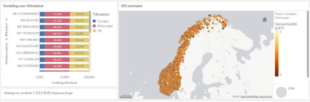 Karta över Norge som visualiserar nöjdheten i landet på kartan.