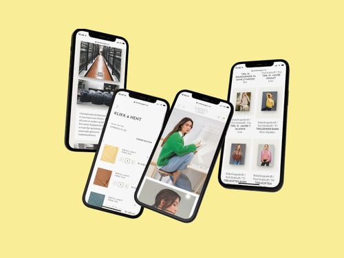 Sandnes Garns olika butikssidor visas på fyra flytande mobiltelefoner.
